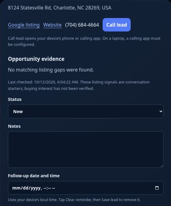Actual lead detail panel with sales status, notes, and follow-up date and time controls